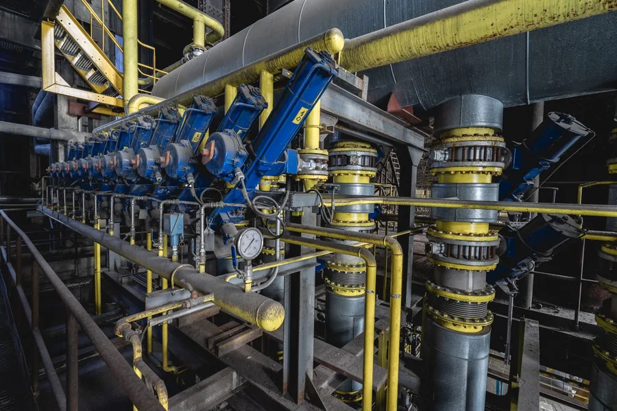 Plant room with condenser water piping, valves and circulation pumps