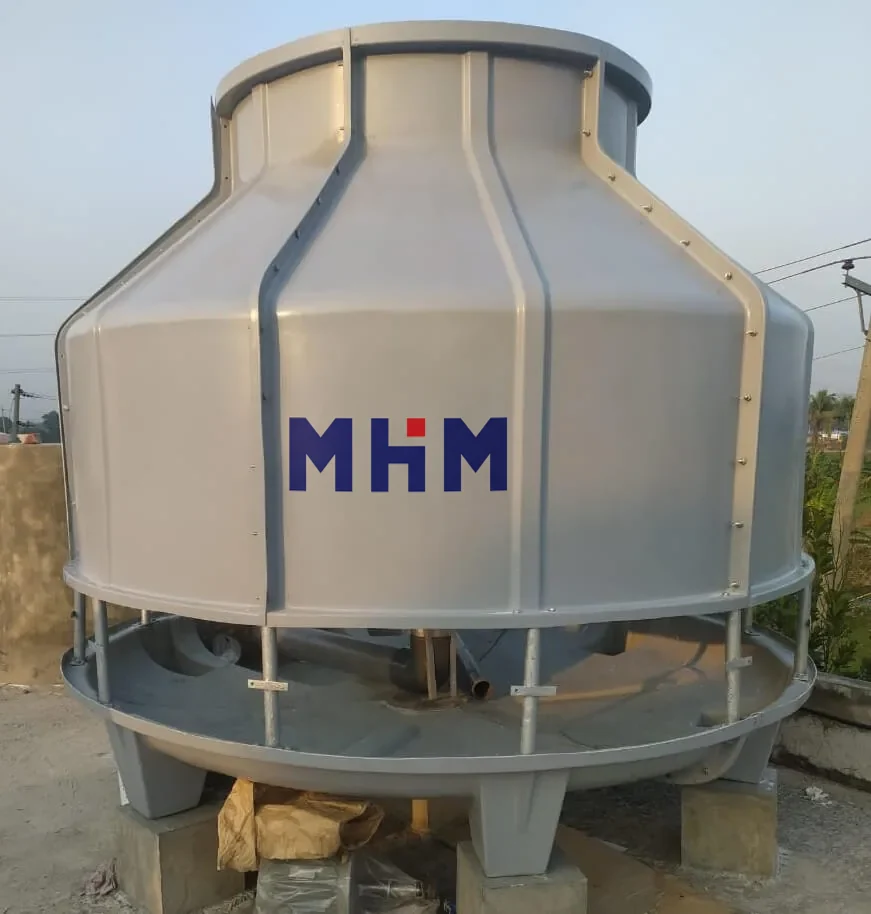 Round FRP bottle type cooling tower installed on a factory roof in Bangladesh