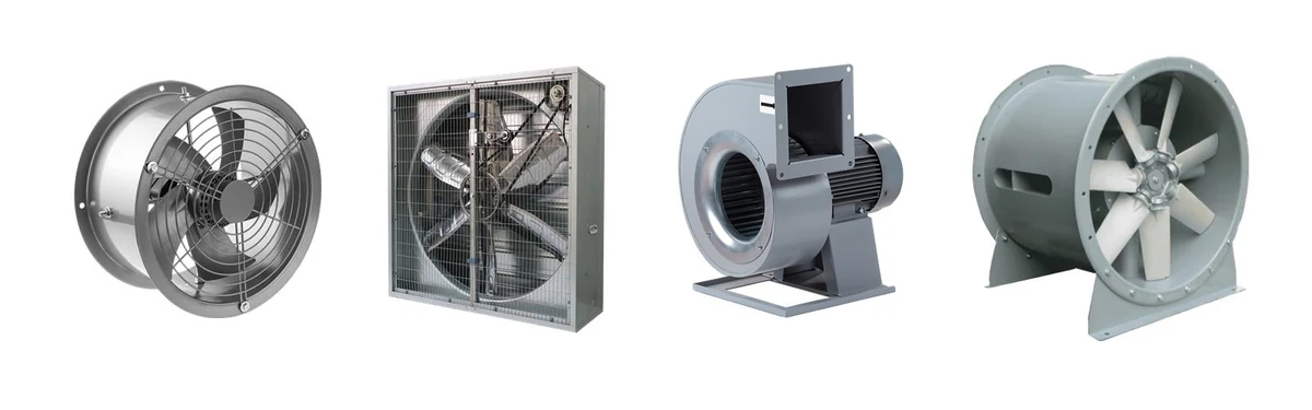 Four industrial fan types MHM supplies: axial blower, wall exhaust fan, centrifugal blower and turbine ventilator
