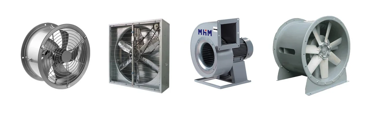 Four industrial fan types MHM supplies: axial blower, wall exhaust fan, centrifugal blower and turbine ventilator