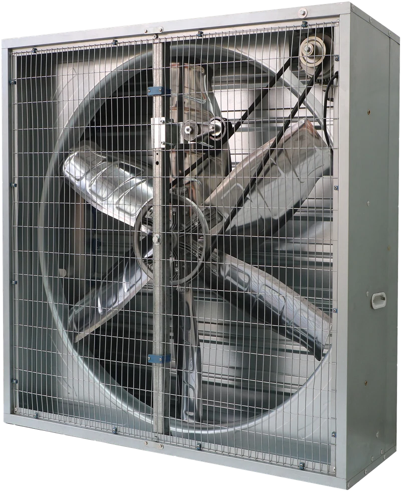 Box-type industrial exhaust fan with galvanised housing and belt-driven blade