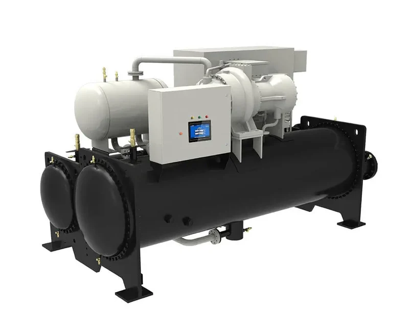 Water cooled industrial chiller unit with shell and tube vessels